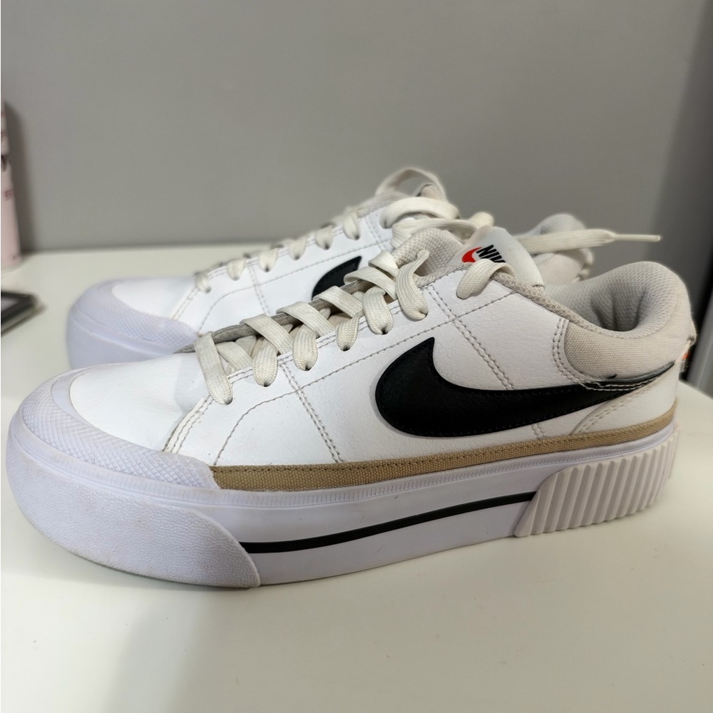 Used Nike Women's White Platform Sneakers with Black Swoosh and Tan Trim